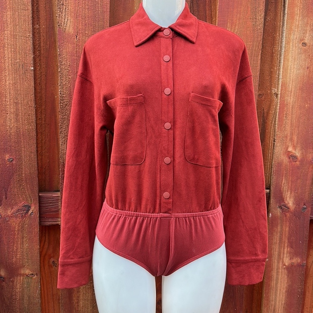 Etophe Studio Faux Suede Button Snap Bodysuit Long Sleeve Size S New